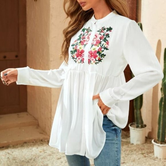 BOHO Flower Embroidery Peplum Blouse - Picture 4 of 8